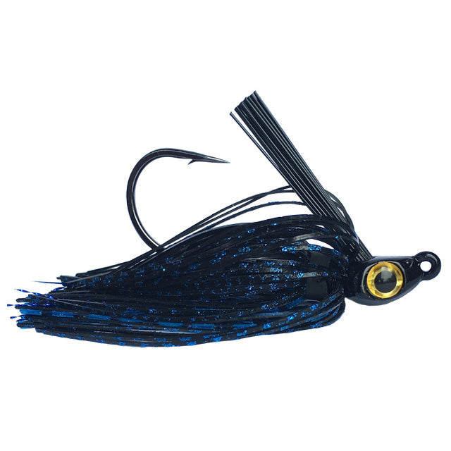 Beast Coast Hand-Tied Zero Flex Gorilla Swim Jig featuring a black and blue skirted fishing lure with a single sharp hook and lifelike yellow eye, designed for fishing tackle.