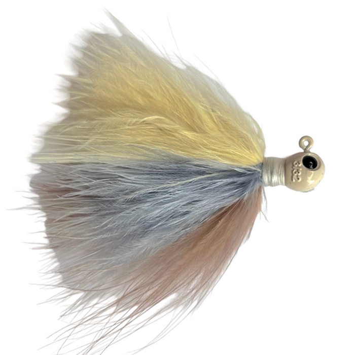 Beast Coast Tungsten Compound Superfly Hair Jig featuring yellow, gray, and brown feathered skirt with a weighted tungsten head designed for fishing tackle.