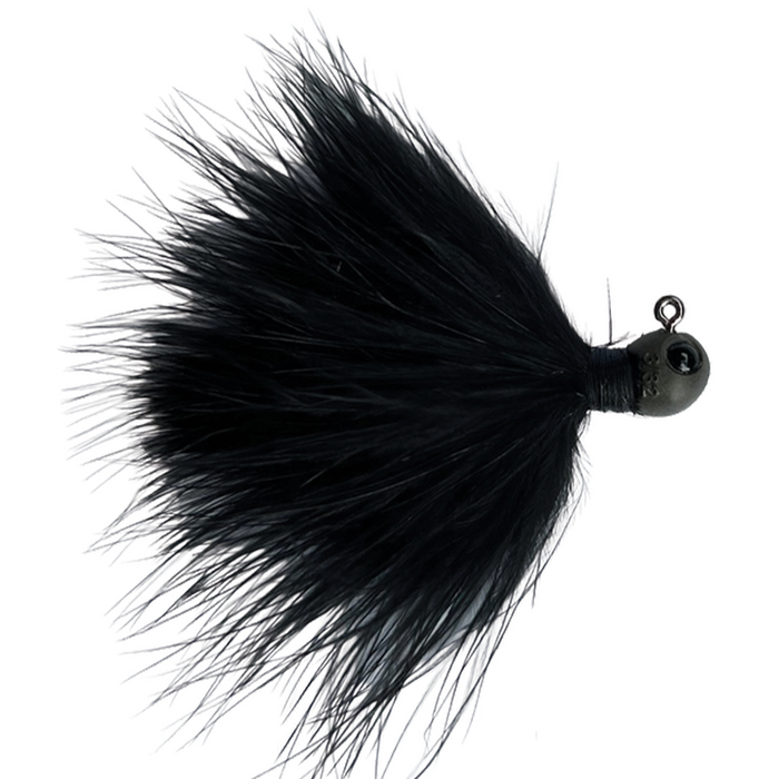 Black fishing jig with fluffy hair and tungsten weighted head designed for musky and fly fishing, named Beast Coast Tungsten Compound Superfly Hair Jig.