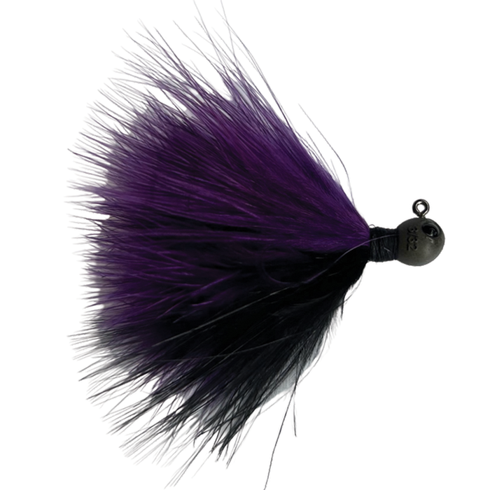 Beast Coast Tungsten Compound Superfly Hair Jig featuring a weighted tungsten head and a dense, flowing feather skirt in black and deep purple for effective fishing lure action.