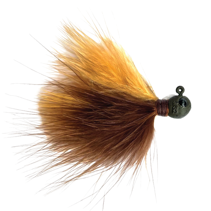 Beast Coast Tungsten Compound Superfly Hair Jig fishing lure with brown and yellow feather skirt and weighted tungsten head designed for musky and fly fishing tackle.
