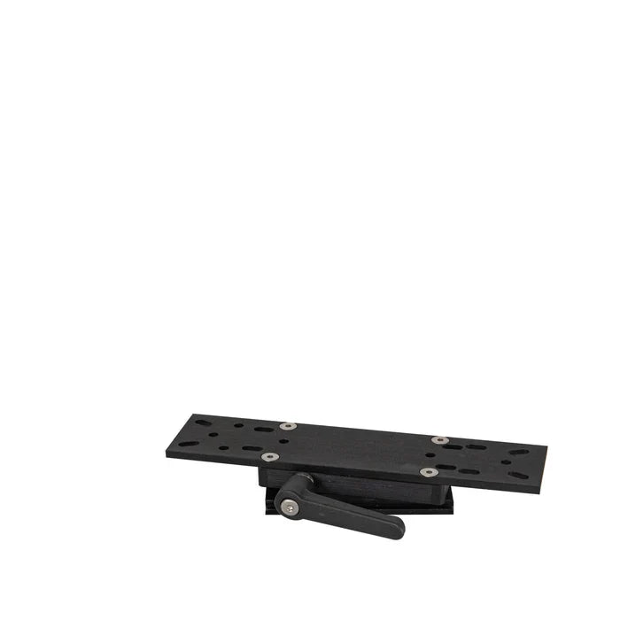 Beatdown Outdoors LocDown Pivot and Slide mounting bracket in black, featuring adjustable pivot arm and multiple mounting holes for secure attachment.