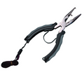 Beau-Mac 6" Pliers with ergonomic black and gray handles, featuring a needle-nose design and a secure wrist lanyard, ideal for fishing tackle and marine use.