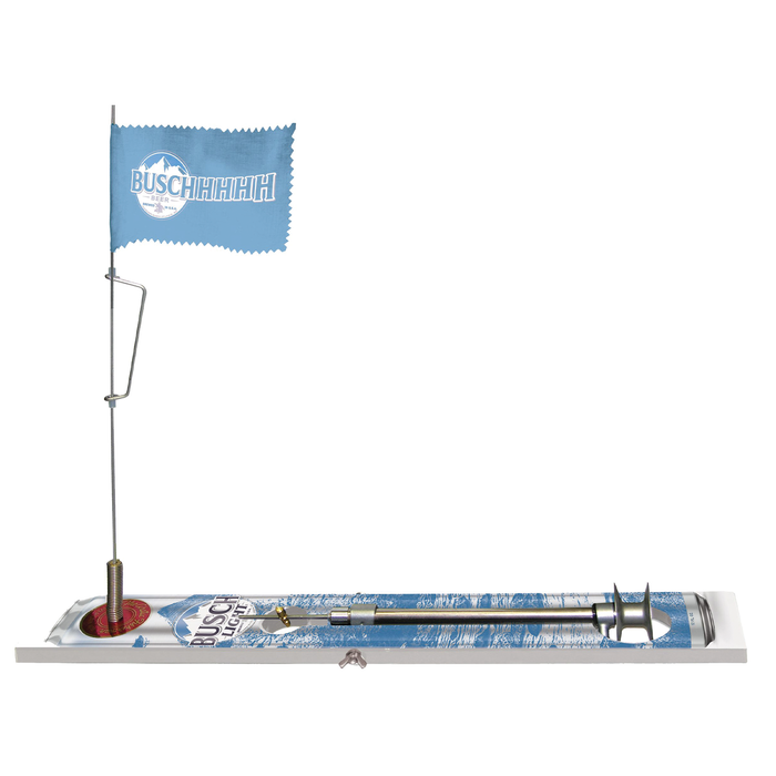 Beaver Dam Busch Light "THE BRUISER" Full Can Tip-Up featuring a metal frame, blue branded flag, and a slot for holding a full can of Busch Light, designed for ice fishing.