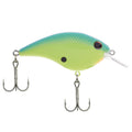 Berkley Frittside 5 Biggun' Crankbait fishing lure with blue and chartreuse body, textured scale pattern, large red eye, and two sharp treble hooks for musky fishing tackle.