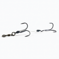 Savage Gear Fusion19 Chop Block Harness featuring two sharp black treble hooks connected by a durable wire and a swivel for secure attachment to fishing tackle.