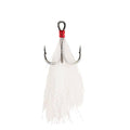 Berkley Fusion19 Feathered Treble Hook with three sharp metal hooks and white feather accents tied with red thread, designed for fishing tackle and lure use.