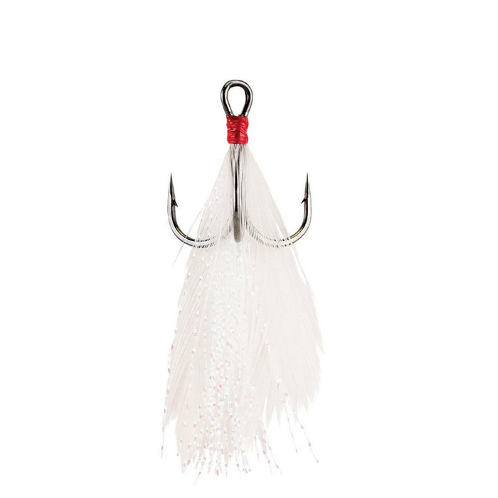 Berkley Fusion19 Feathered Treble Hook with three sharp metal hooks and white feather accents tied with red thread, designed for fishing tackle and lure use.