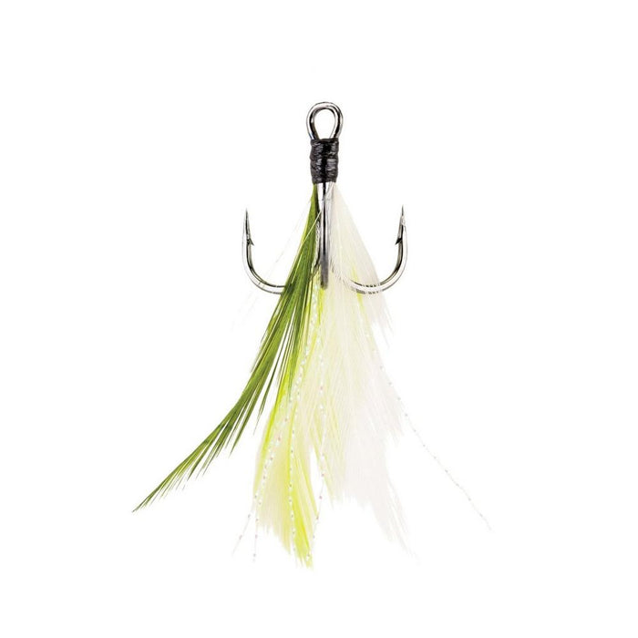 Berkley Fusion19 Feathered Treble Hook with three sharp metal hooks and green and white feather accents designed for fishing tackle applications.
