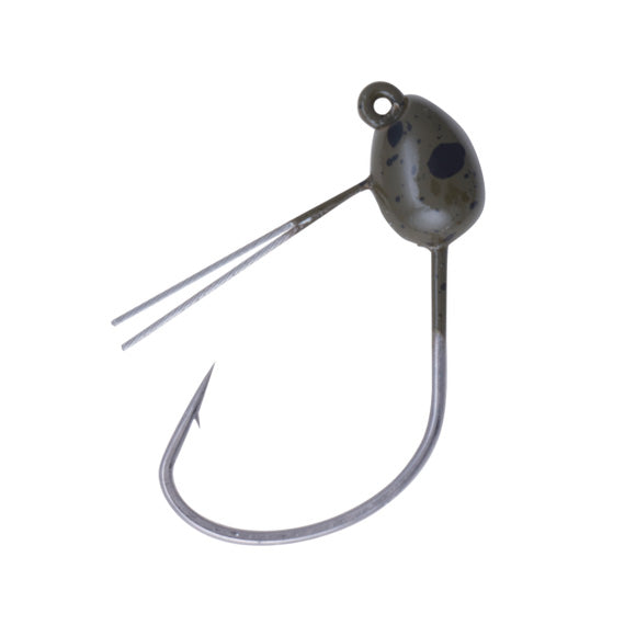Close-up of a Berkley Fusion19 Weighted Wacky Head fishing lure hook in dark green with two thin weed guards, designed for use with fishing tackle and rods.