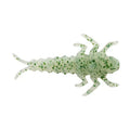 Clear soft plastic fishing lure designed to resemble a stonefly nymph with green speckles, labeled Berkley Gulp! Alive! Stonefly, used for fishing tackle.