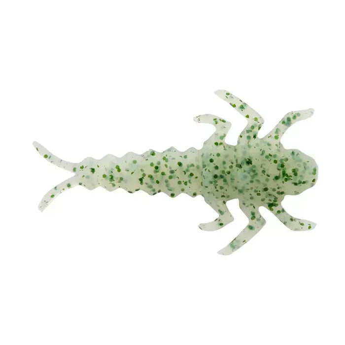 Clear soft plastic fishing lure designed to resemble a stonefly nymph with green speckles, labeled Berkley Gulp! Alive! Stonefly, used for fishing tackle.