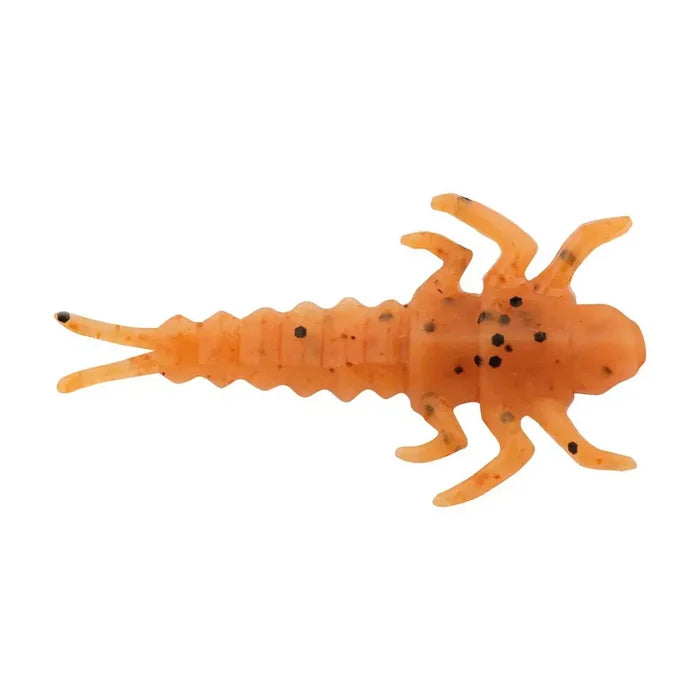 Close-up of an orange soft plastic fishing lure shaped like a stonefly larva with black spots and multiple legs, designed to imitate natural aquatic insects, Berkley Gulp! Alive! Stonefly.