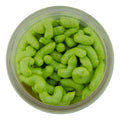 Close-up top view of bright chartreuse Berkley Gulp! Maggot soft fishing bait, designed for use in fishing tackle and lures at a premier Midwest outdoors shop.