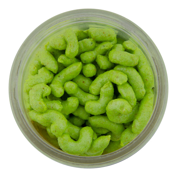 Close-up top view of bright chartreuse Berkley Gulp! Maggot soft fishing bait, designed for use in fishing tackle and lures at a premier Midwest outdoors shop.