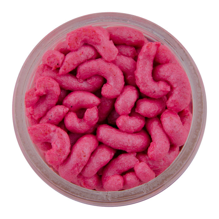 Top-down view of a clear container filled with bright pink Berkley Gulp! Maggot soft fishing baits designed for effective use in fishing tackle.