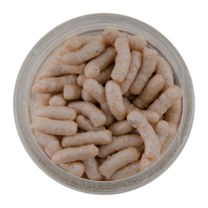 Close-up top view of a clear container filled with beige Berkley Gulp! Maggot soft bait used for fishing tackle and live bait applications.