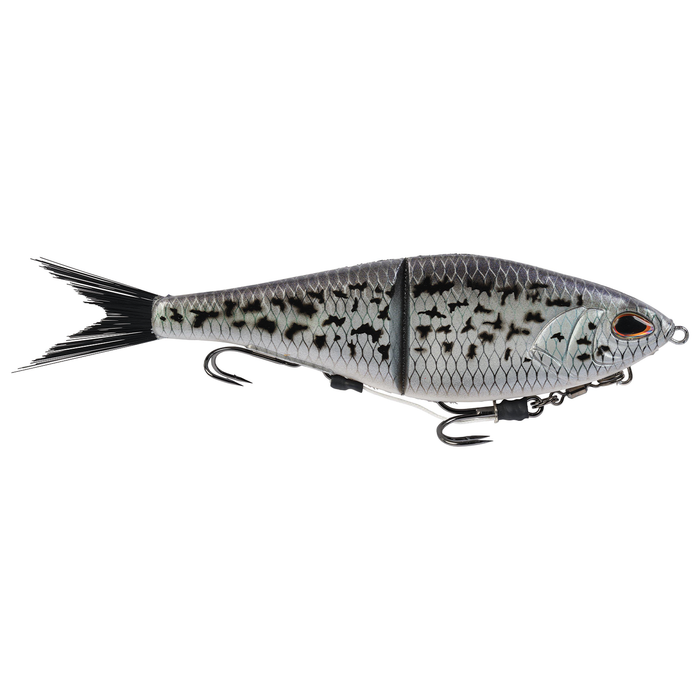 Berkley PowerBait Chop Block fishing lure designed with segmented body, lifelike fish scale pattern, and dual treble hooks for effective freshwater fishing tackle.