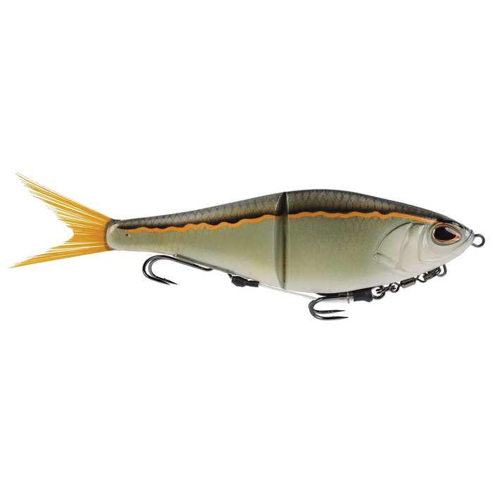 Berkley PowerBait Chop Block fishing lure with segmented body, realistic fish pattern, and two treble hooks designed for effective fishing tackle use.