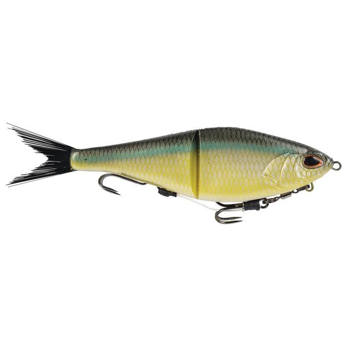 Berkley PowerBait Chop Block fishing lure designed to mimic a small fish with a segmented body, realistic green and yellow coloring, and two sharp treble hooks for effective fishing tackle use.