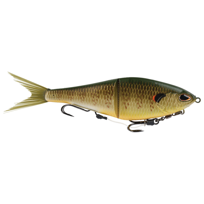 Berkley PowerBait Chop Block fishing lure designed to mimic a small fish with green and yellow scales, jointed body, soft tail, and treble hooks for realistic movement.