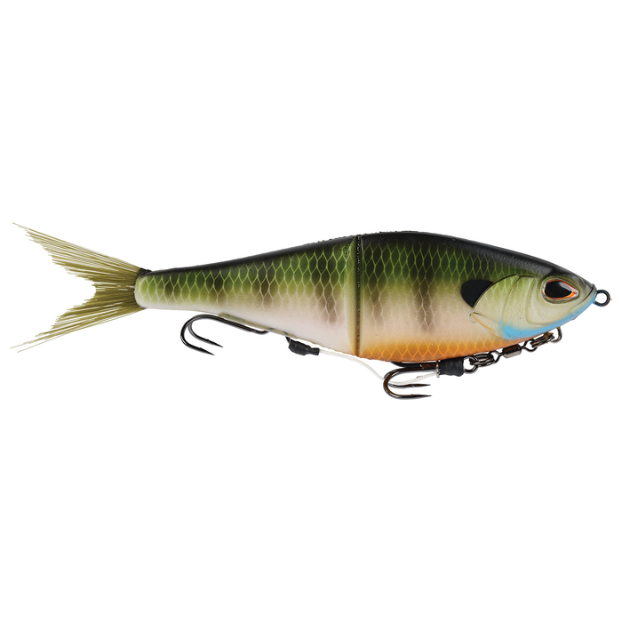 Berkley PowerBait Chop Block fishing lure designed with a segmented body, realistic fish scale pattern, and dual treble hooks for effective fishing tackle use.