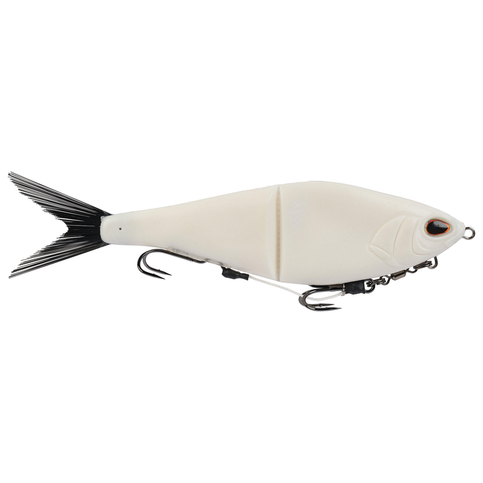Berkley PowerBait Chop Block fishing lure in white with jointed body for lifelike movement, featuring black tail and two treble hooks for effective fishing tackle use.