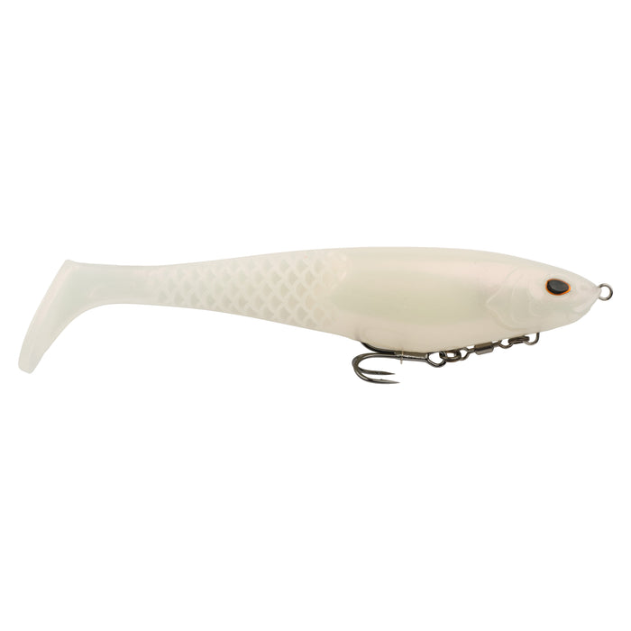 Berkley PowerBait CullShad Swimbait in white with textured body and paddle tail, equipped with a sharp treble hook for effective fishing tackle use.