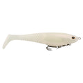 Berkley PowerBait CullShad Swimbait in white with textured body and paddle tail, equipped with a sharp treble hook for effective fishing tackle use.