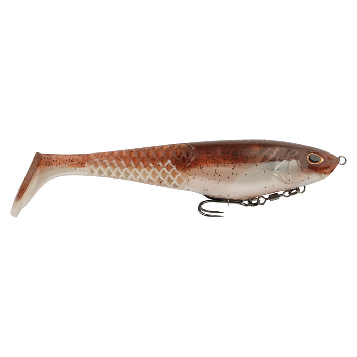 Berkley PowerBait CullShad Swimbait in brown and translucent colors with detailed scale pattern, lifelike eyes, and equipped with a sharp treble hook for fishing tackle.