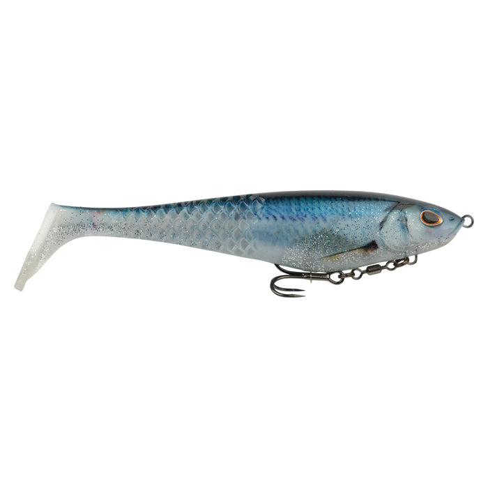 Berkley PowerBait CullShad Swimbait in realistic blue and silver colors with detailed scales, lifelike eyes, and a soft paddle tail, featuring a treble hook for fishing tackle use.