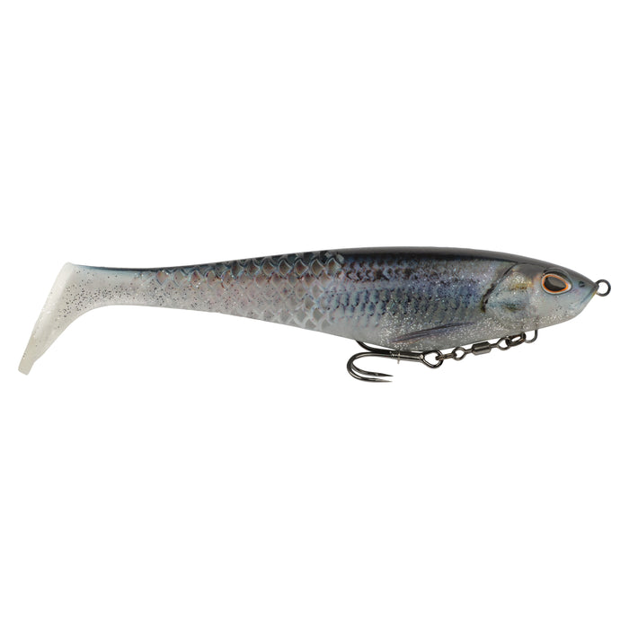 Berkley PowerBait CullShad Swimbait in realistic fish design with dark back, silver scales, and soft paddle tail, featuring a treble hook for effective fishing tackle use.