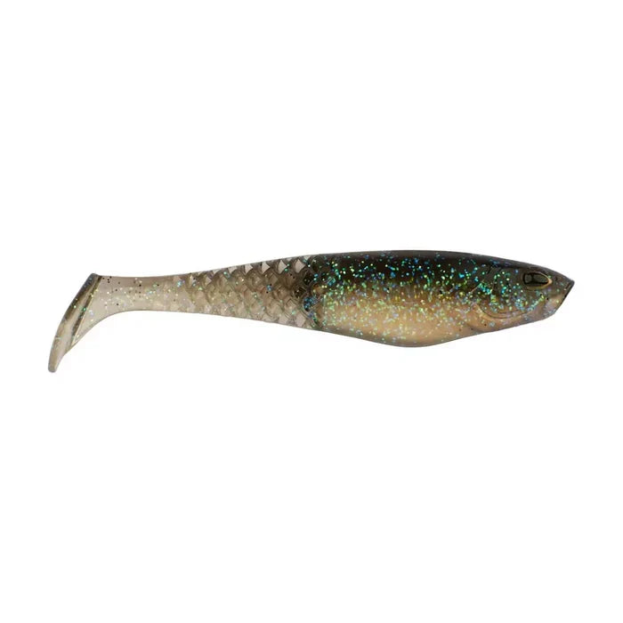 Soft plastic fishing lure in natural shad colors with a paddle tail design, Berkley PowerBait CullShad (Unrigged) ideal for freshwater fishing tackle.
