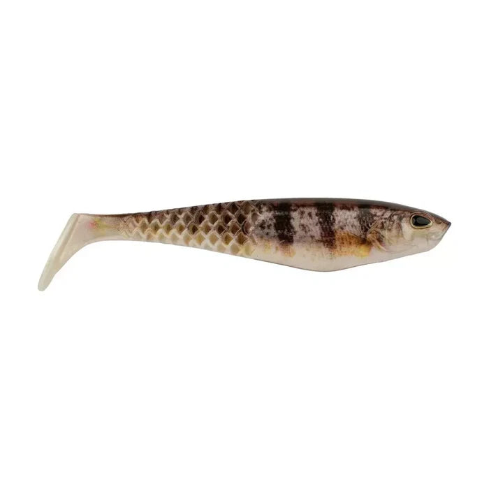 Berkley PowerBait CullShad (Unrigged) fishing lure in yellow perch pattern, soft plastic body with detailed scale texture and lifelike appearance for effective fishing tackle.