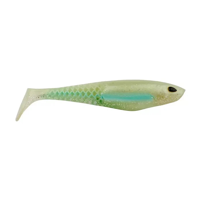 Berkley PowerBait CullShad (Unrigged) soft plastic fishing lure in green and light blue with a tapered body and paddle tail designed for lifelike movement in water.