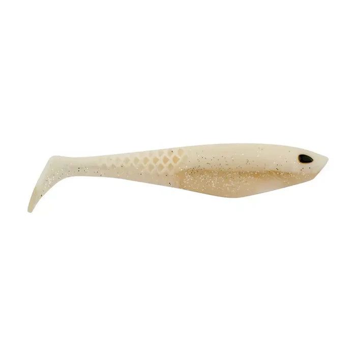 Soft plastic fishing lure in beige with glitter and black eye, designed for fishing tackle use, shown as Berkley PowerBait CullShad (Unrigged) model.