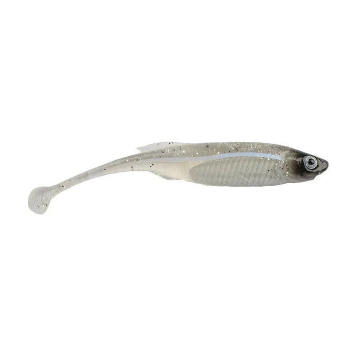 Berkley PowerBait Drip Swimmer soft fishing lure in translucent silver with black and white details, designed to mimic a small baitfish for effective fishing tackle use.