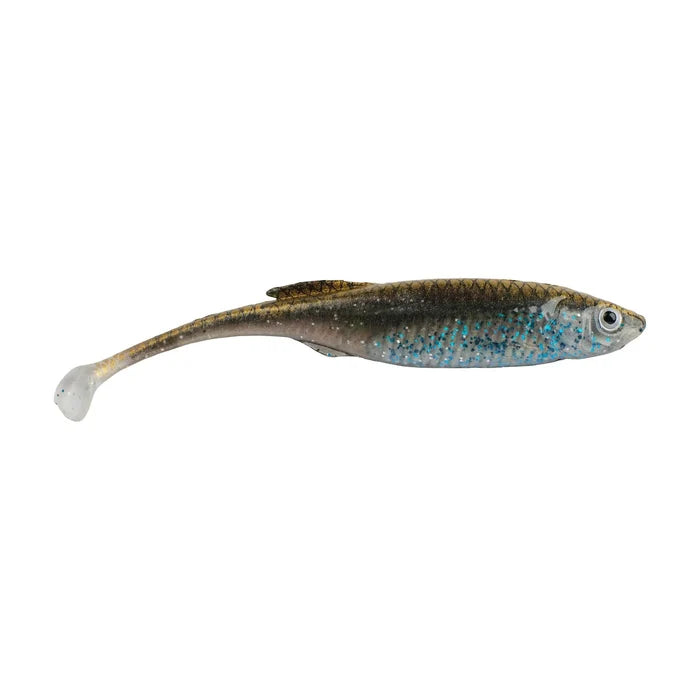Berkley PowerBait Drip Swimmer fishing lure designed with a lifelike fish shape, green and blue speckled body, and paddle tail for realistic swimming action.