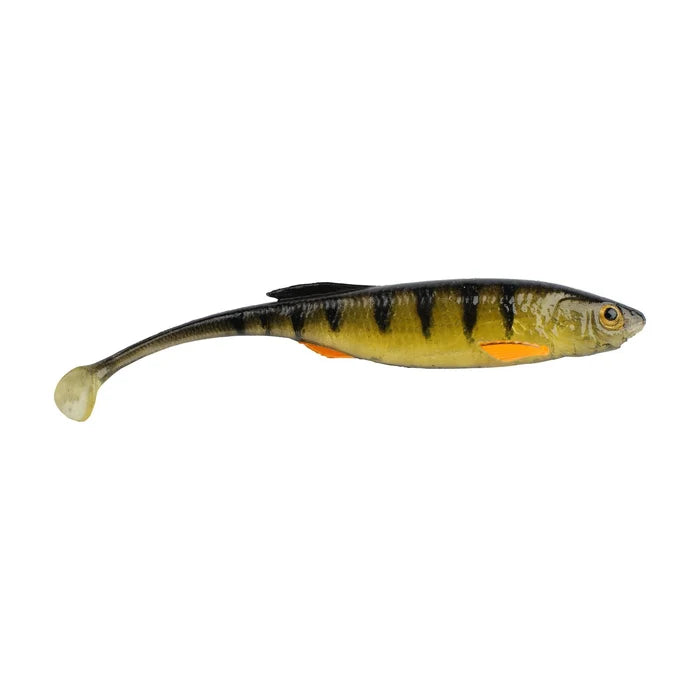 Berkley PowerBait Drip Swimmer fishing lure designed to mimic a small perch with realistic yellow and black striped body and orange fins, featuring a soft paddle tail for lifelike movement.