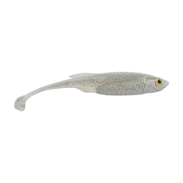 Berkley PowerBait Drip Swimmer soft fishing lure in a translucent white shiner color with a paddle tail and detailed textured body for lifelike movement in fishing tackle.
