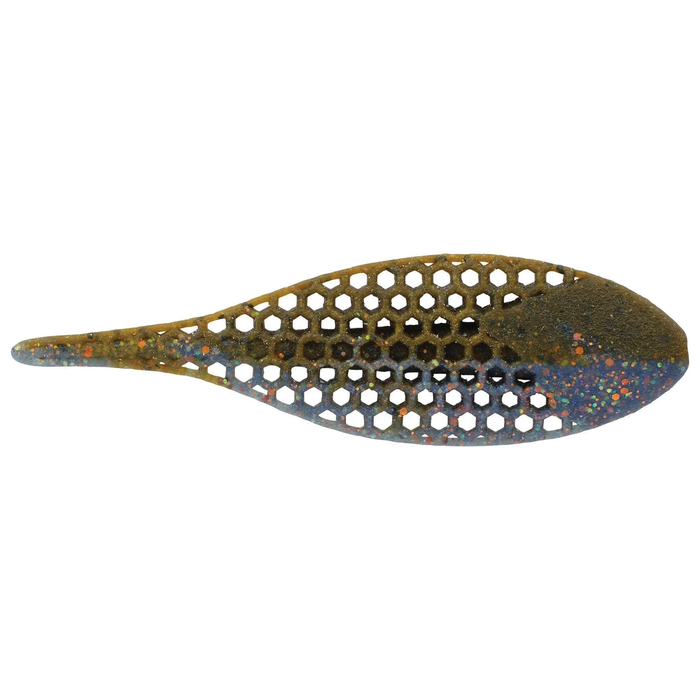 Berkley PowerBait Flux-Gill fishing lure in green and blue with hexagonal cutouts and speckled glitter, designed for effective fishing tackle use.