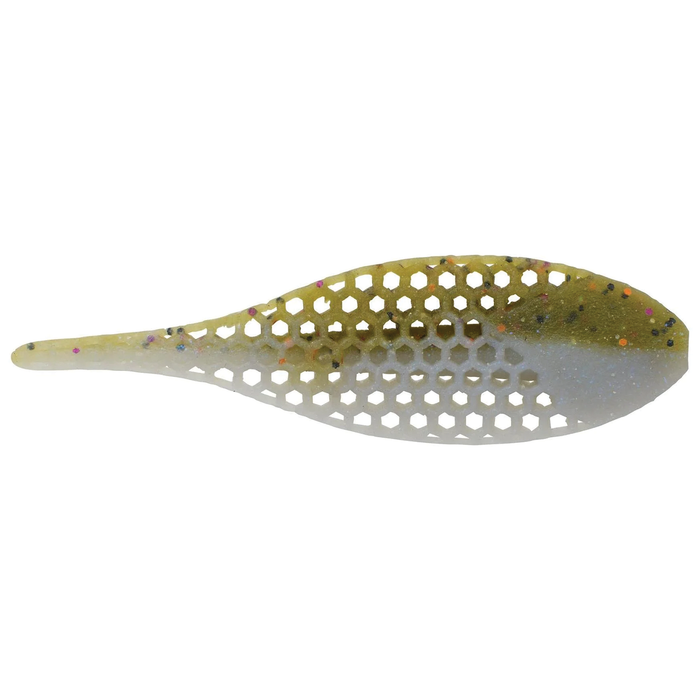 Berkley PowerBait Flux-Gill soft fishing lure with a honeycomb pattern, featuring green and white coloring with specks of orange and purple for enhanced fish attraction.