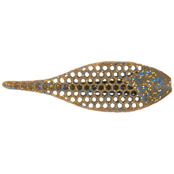 Berkley PowerBait Flux-Gill soft plastic fishing lure in translucent brown with blue and gold specks and honeycomb pattern, designed for effective fishing tackle use.