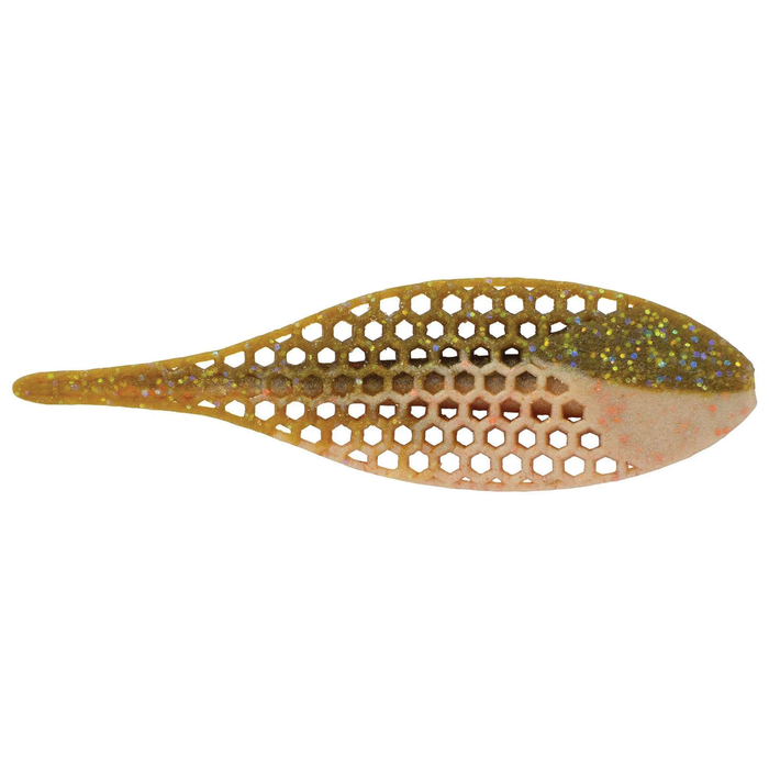 Soft fishing lure with honeycomb pattern in translucent gold and brown shades, designed for effective water action, Berkley PowerBait Flux-Gill fishing tackle.