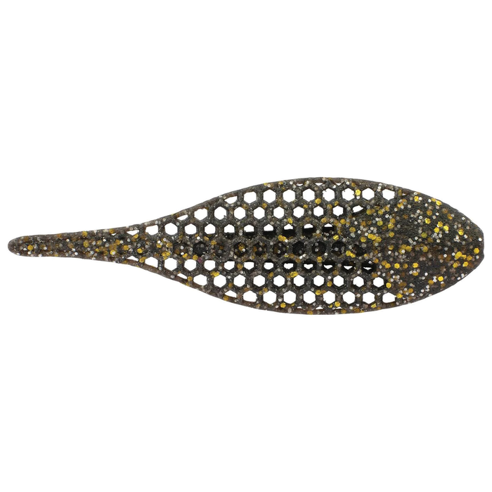 Berkley PowerBait Flux-Gill soft fishing lure in translucent dark color with honeycomb pattern and gold glitter, designed for effective fishing tackle use.