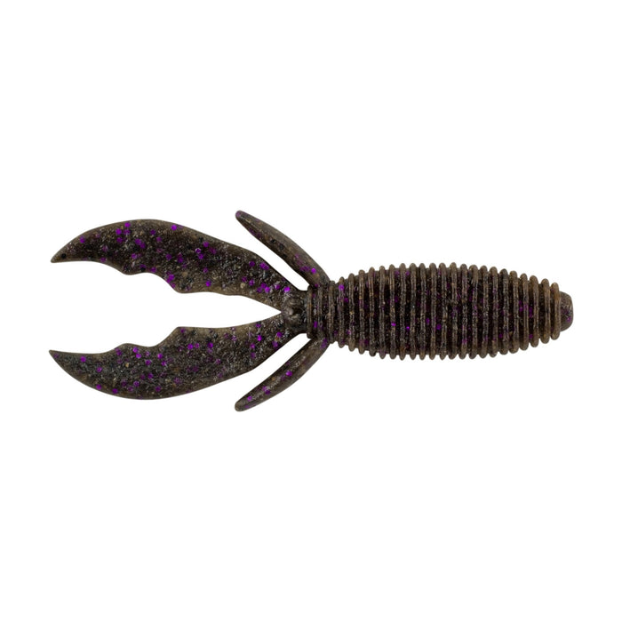 Berkley PowerBait MaxScent Creature Hawg fishing lure in dark smoke color with purple flecks, featuring a ribbed body and two large claw-like appendages for lifelike movement.