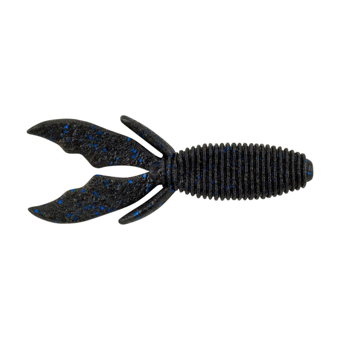 Berkley PowerBait MaxScent Creature Hawg fishing lure in black with blue flecks, featuring ribbed body and twin paddle tail designed for realistic movement in water.