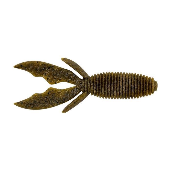Berkley PowerBait MaxScent Creature Hawg soft fishing lure in green pumpkin color with ribbed body and split tail, designed for musky and ice fishing tackle.