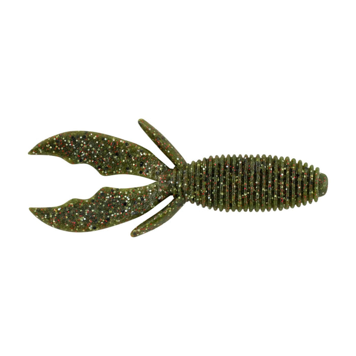 Berkley PowerBait MaxScent Creature Hawg soft fishing lure in green with red and black speckles, designed to mimic a crawfish for effective fishing tackle use.