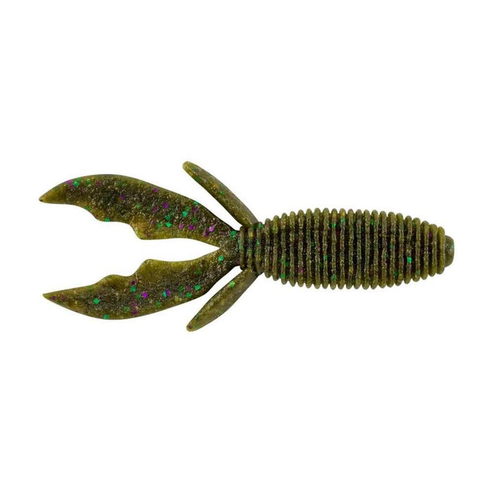Berkley PowerBait MaxScent Creature Hawg fishing lure in green with ribbed body and twin claw-like appendages, designed for musky and ice fishing tackle.